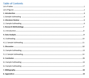 table of contents thesis template